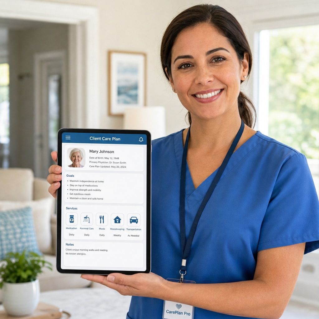 CarePlan Pro - Homecare caregiver holding a tablet showing a structured Client Care Plan with goals, services, and notes